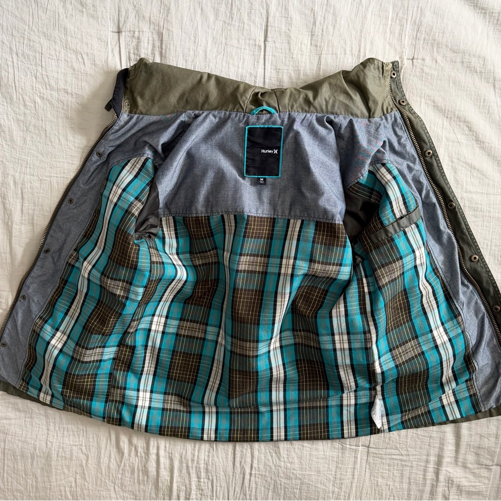 Hurley Waxed Plaid Lined Field Jacket Men’s Med Green Covert Military Tactical - Picture 8 of 12